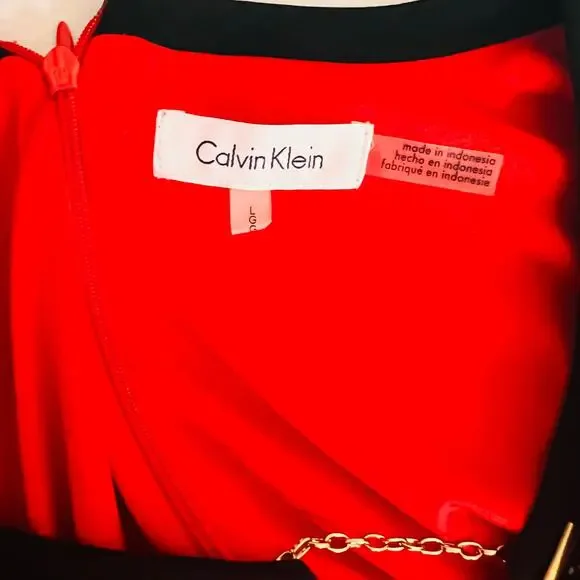 Calvin Klein Floral Printed Bell Sleeves Sheath Dress Size L Large Red Multi - Picture 3 of 6